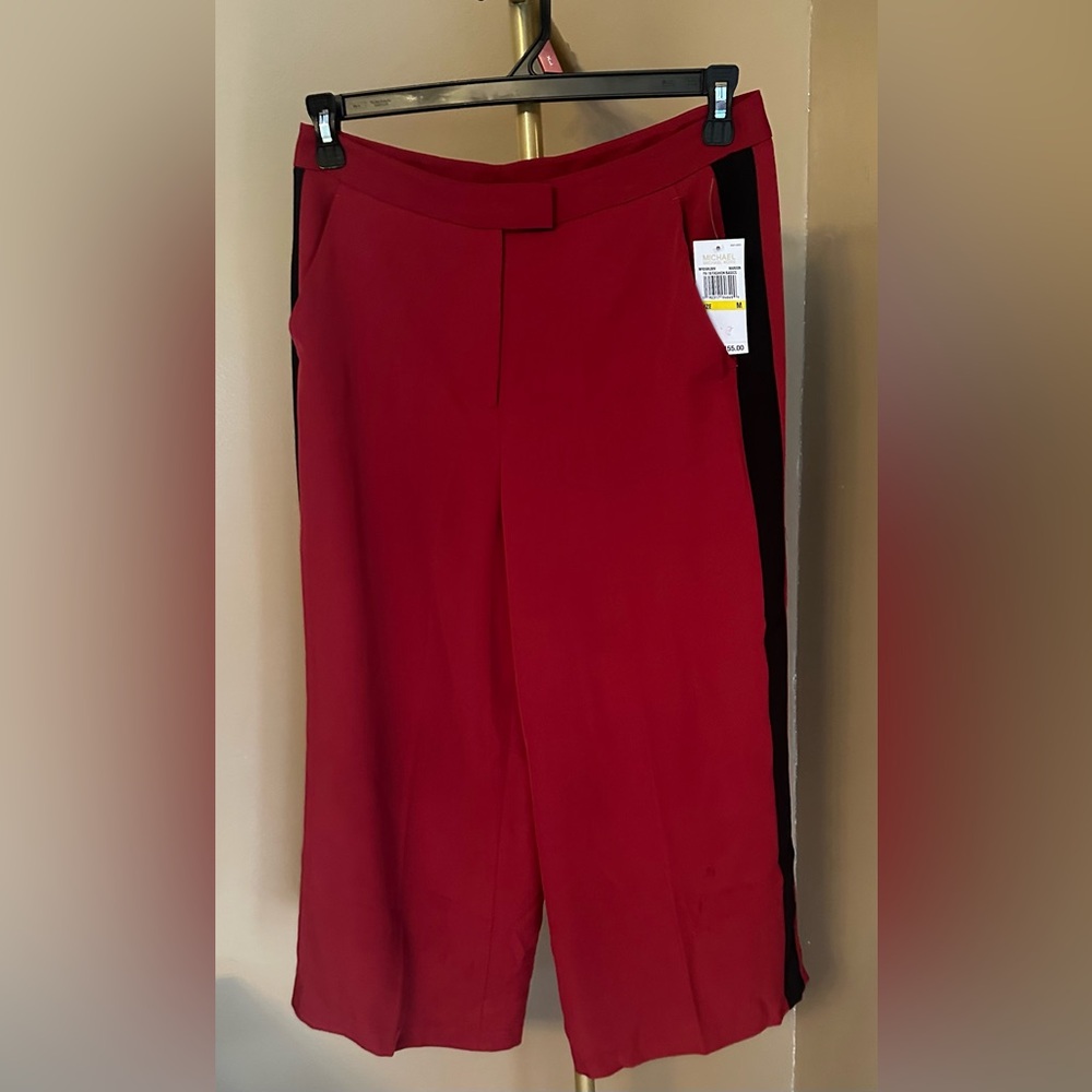 Michael Kors Maroon Cropped Wide-Leg Pants with Black Side Stripe